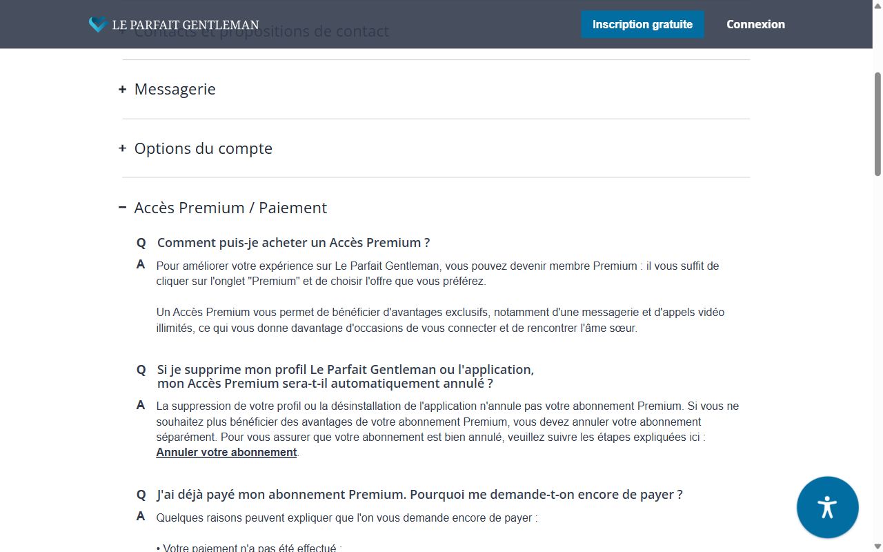 FAQ, rubrique Accès Premium / Paiement