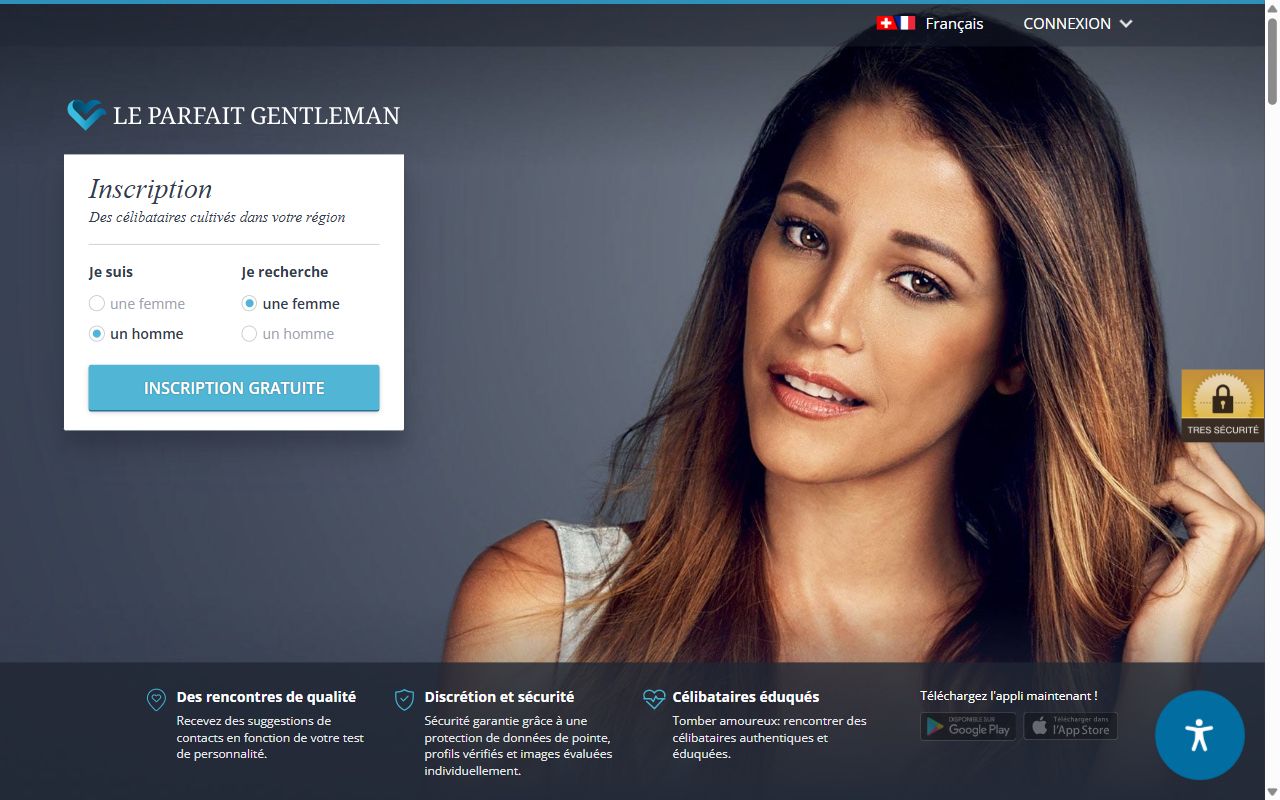 Page d'accueil de leparfaitgentleman.ch avec le formulaire d'inscription